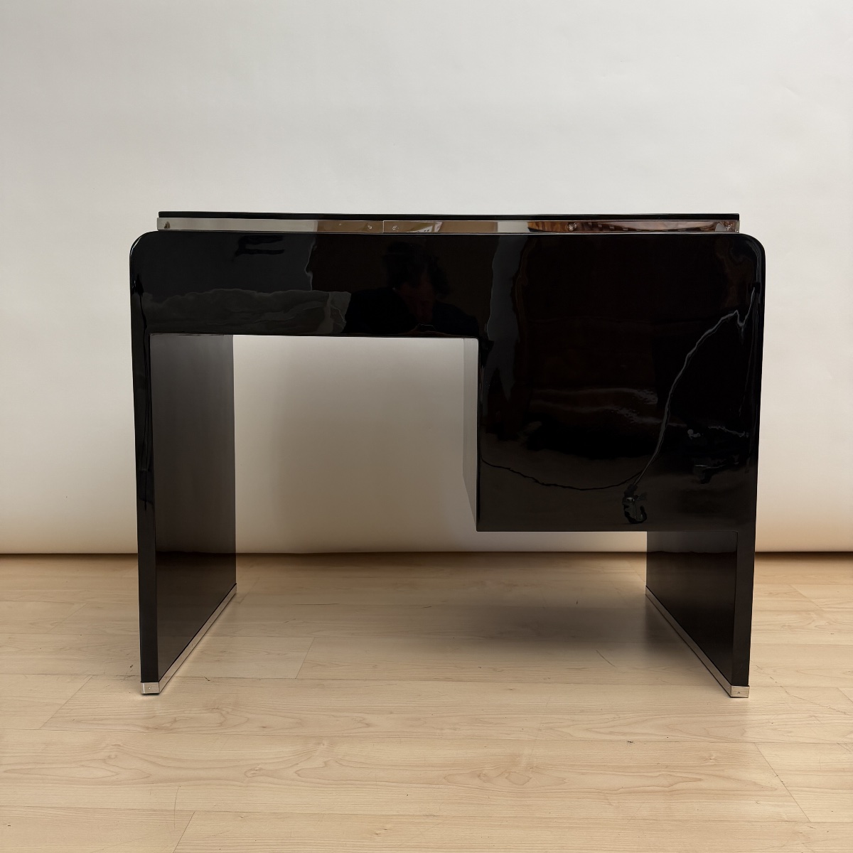 Small Art Deco Desk, Black Lacquer, Nickel, Mottled Maple, France, Circa 1930-photo-7