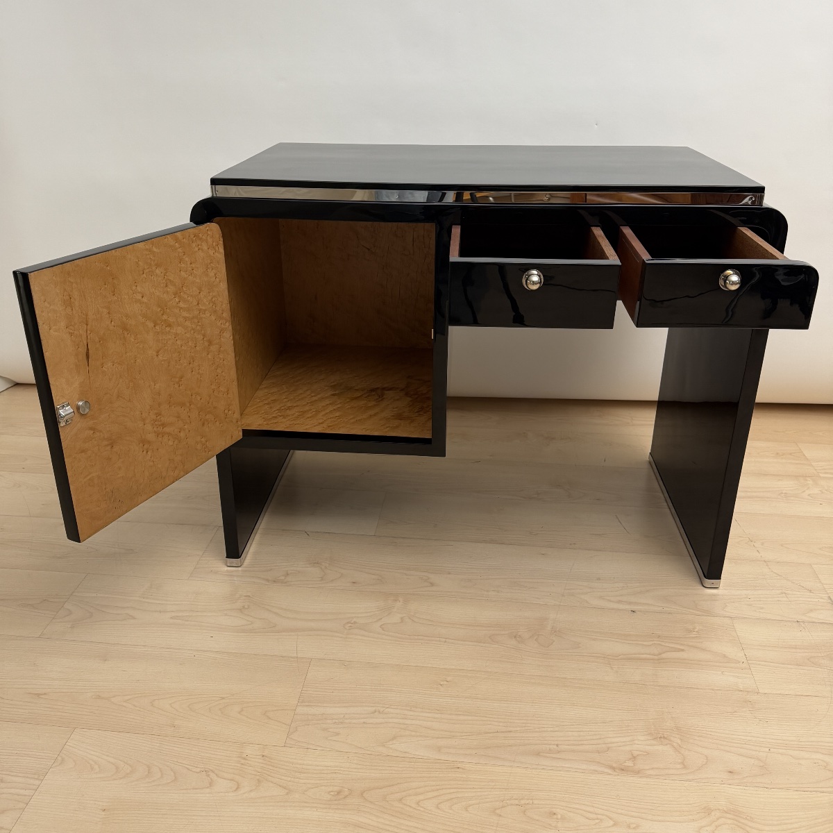 Small Art Deco Desk, Black Lacquer, Nickel, Mottled Maple, France, Circa 1930-photo-8