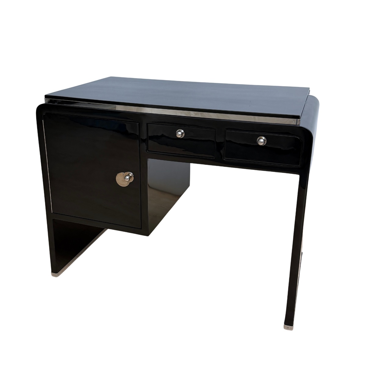 Small Art Deco Desk, Black Lacquer, Nickel, Mottled Maple, France, Circa 1930