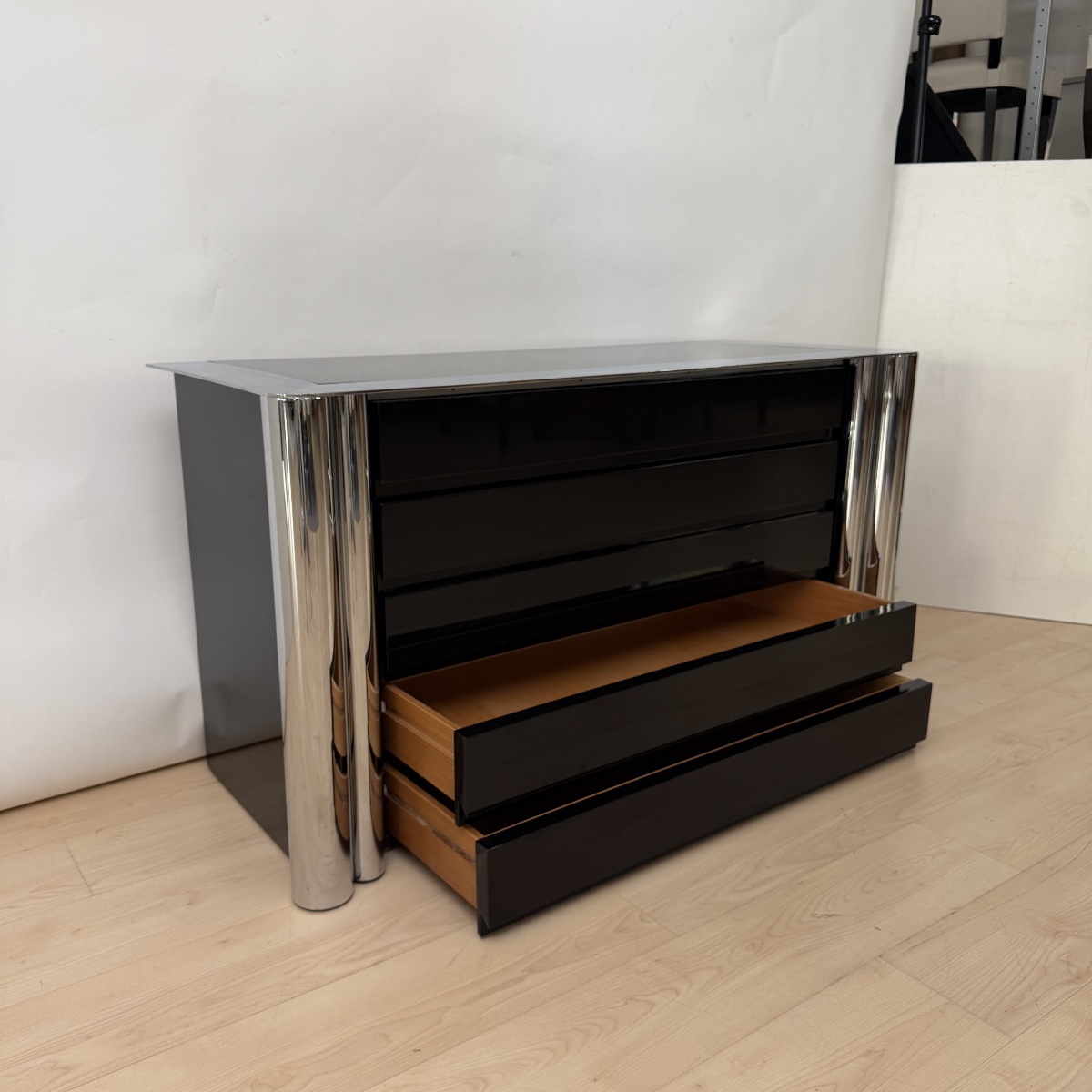 Designer Chest Of Drawers, Black Lacquer And Chrome, Antonello Mosca For Cinova, Italy, 1969-photo-2