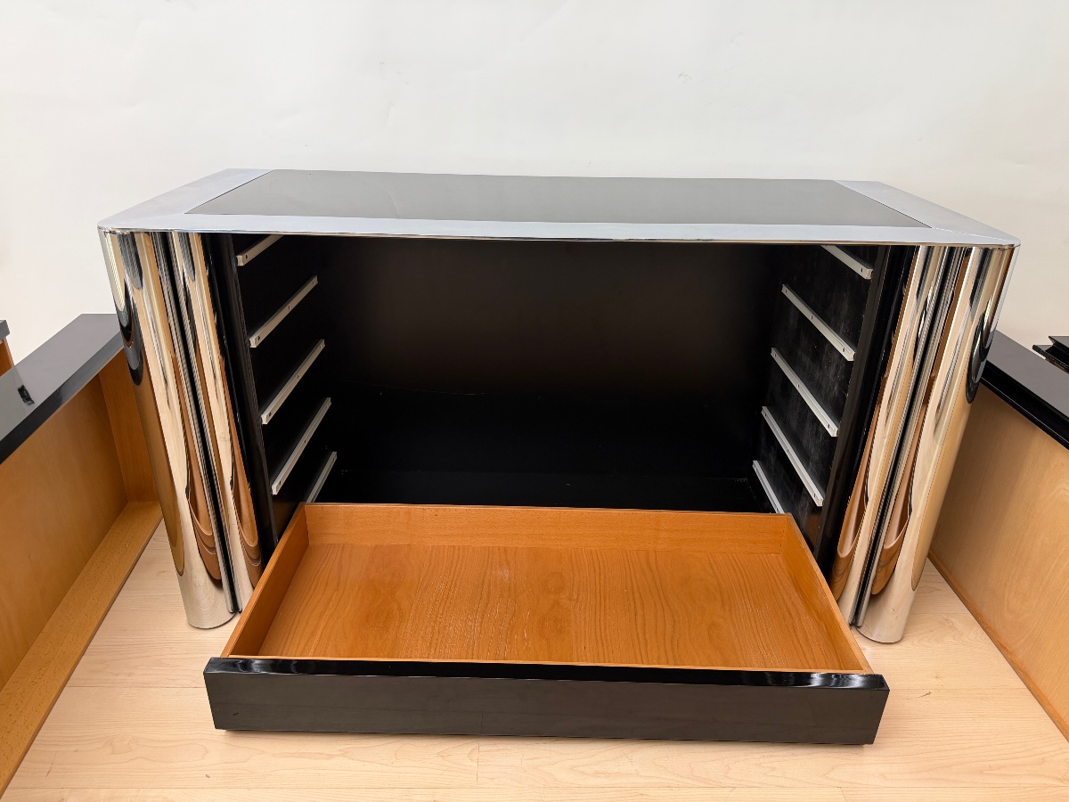 Designer Chest Of Drawers, Black Lacquer And Chrome, Antonello Mosca For Cinova, Italy, 1969-photo-5