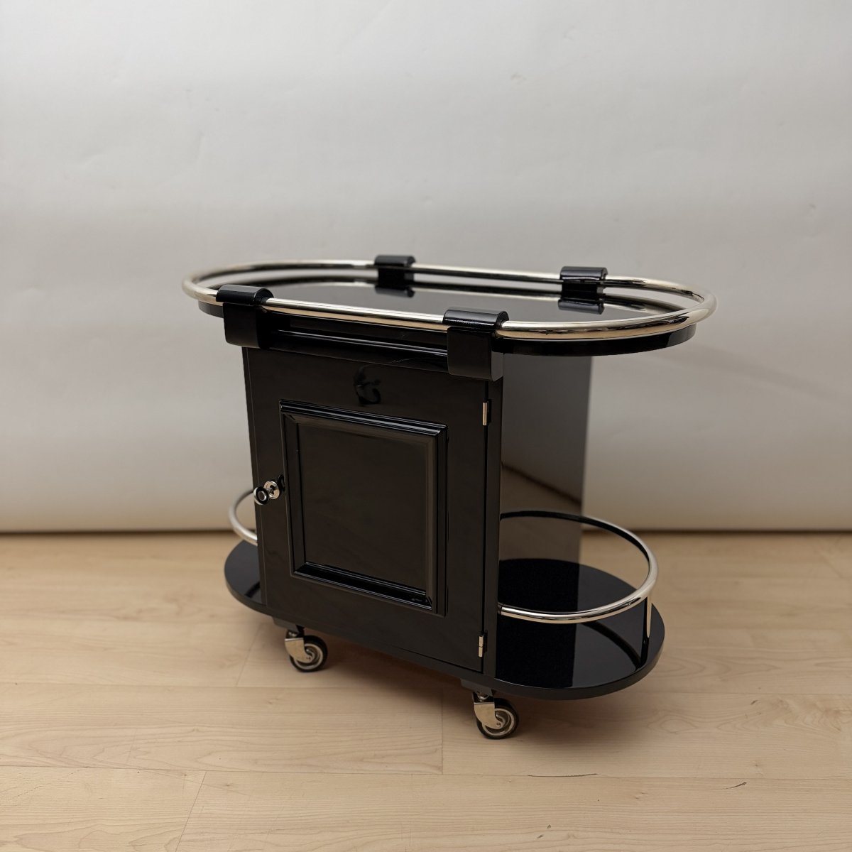 Art Deco Bar Cart, Black Lacquer, Chrome, Maple, France, Circa 1930-photo-2