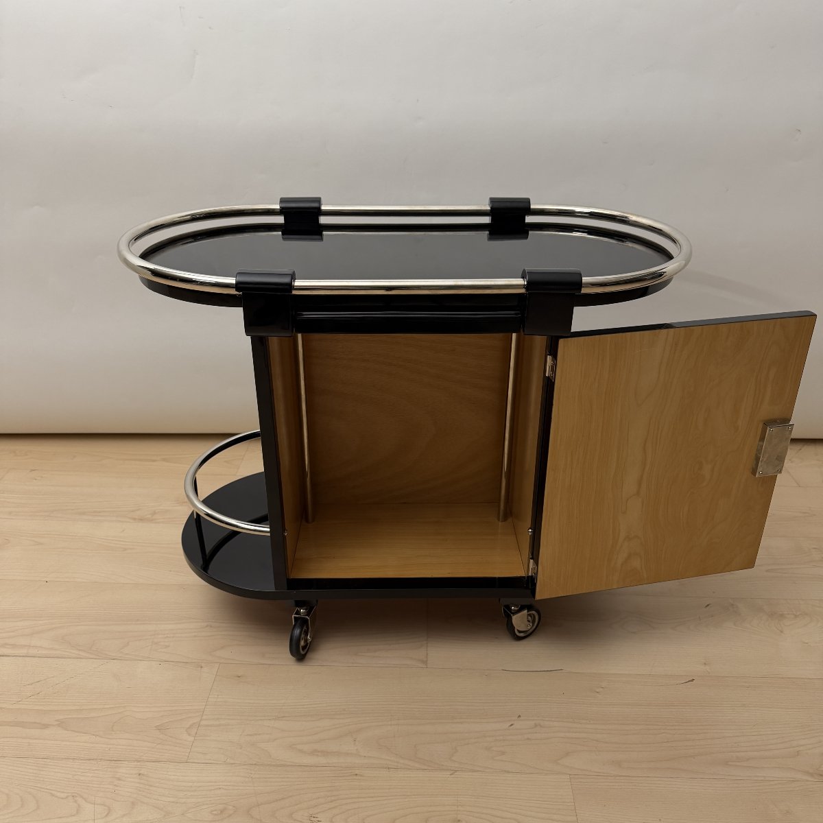 Art Deco Bar Cart, Black Lacquer, Chrome, Maple, France, Circa 1930-photo-3