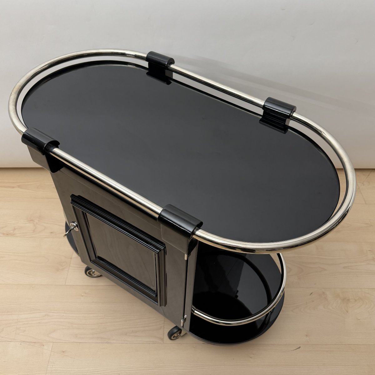 Art Deco Bar Cart, Black Lacquer, Chrome, Maple, France, Circa 1930-photo-4