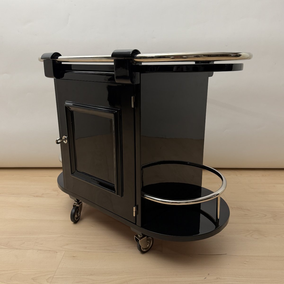 Art Deco Bar Cart, Black Lacquer, Chrome, Maple, France, Circa 1930-photo-5