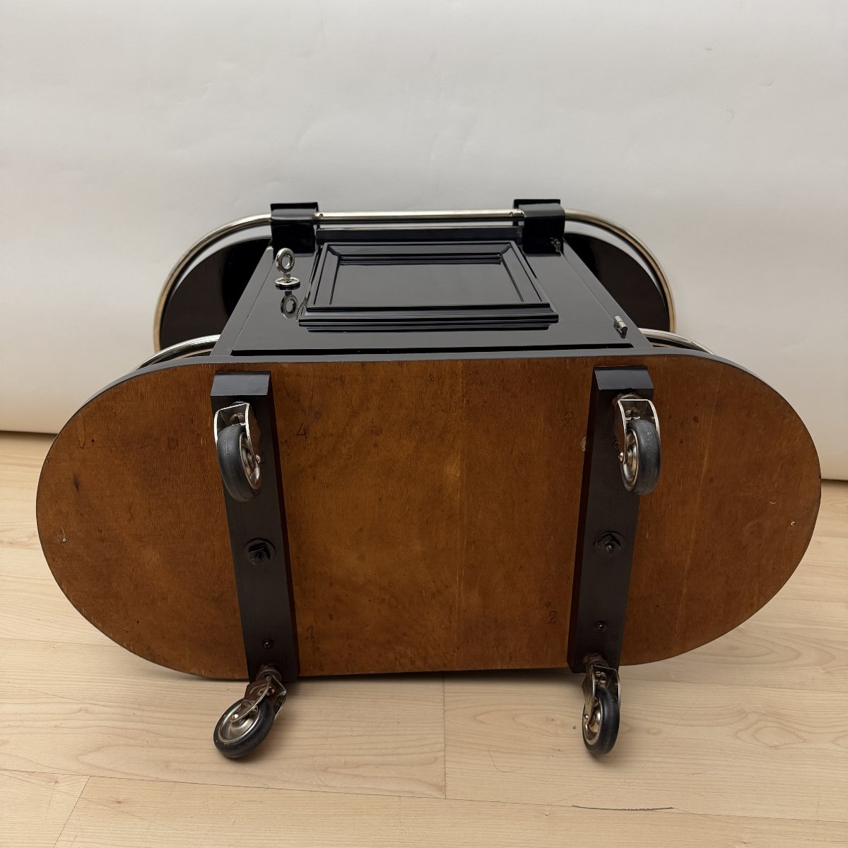 Art Deco Bar Cart, Black Lacquer, Chrome, Maple, France, Circa 1930-photo-6