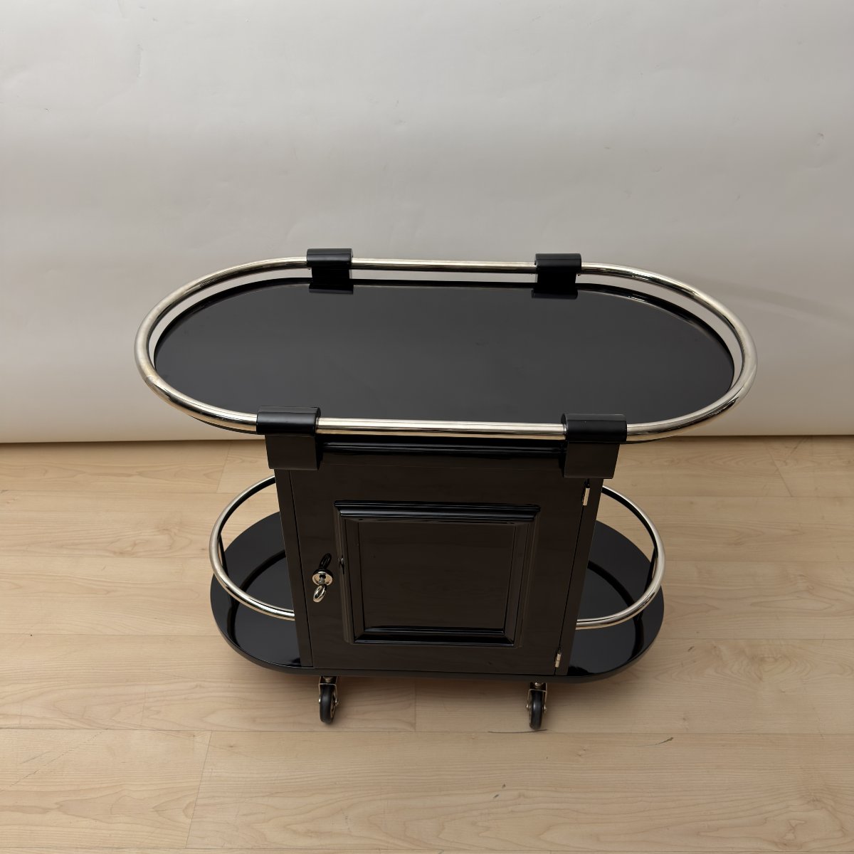 Art Deco Bar Cart, Black Lacquer, Chrome, Maple, France, Circa 1930-photo-8