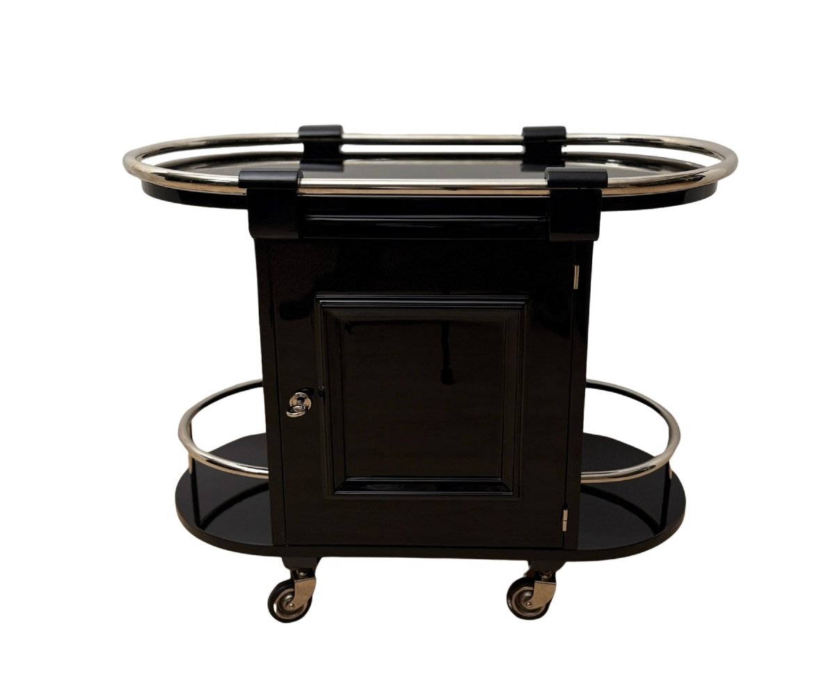 Art Deco Bar Cart, Black Lacquer, Chrome, Maple, France, Circa 1930