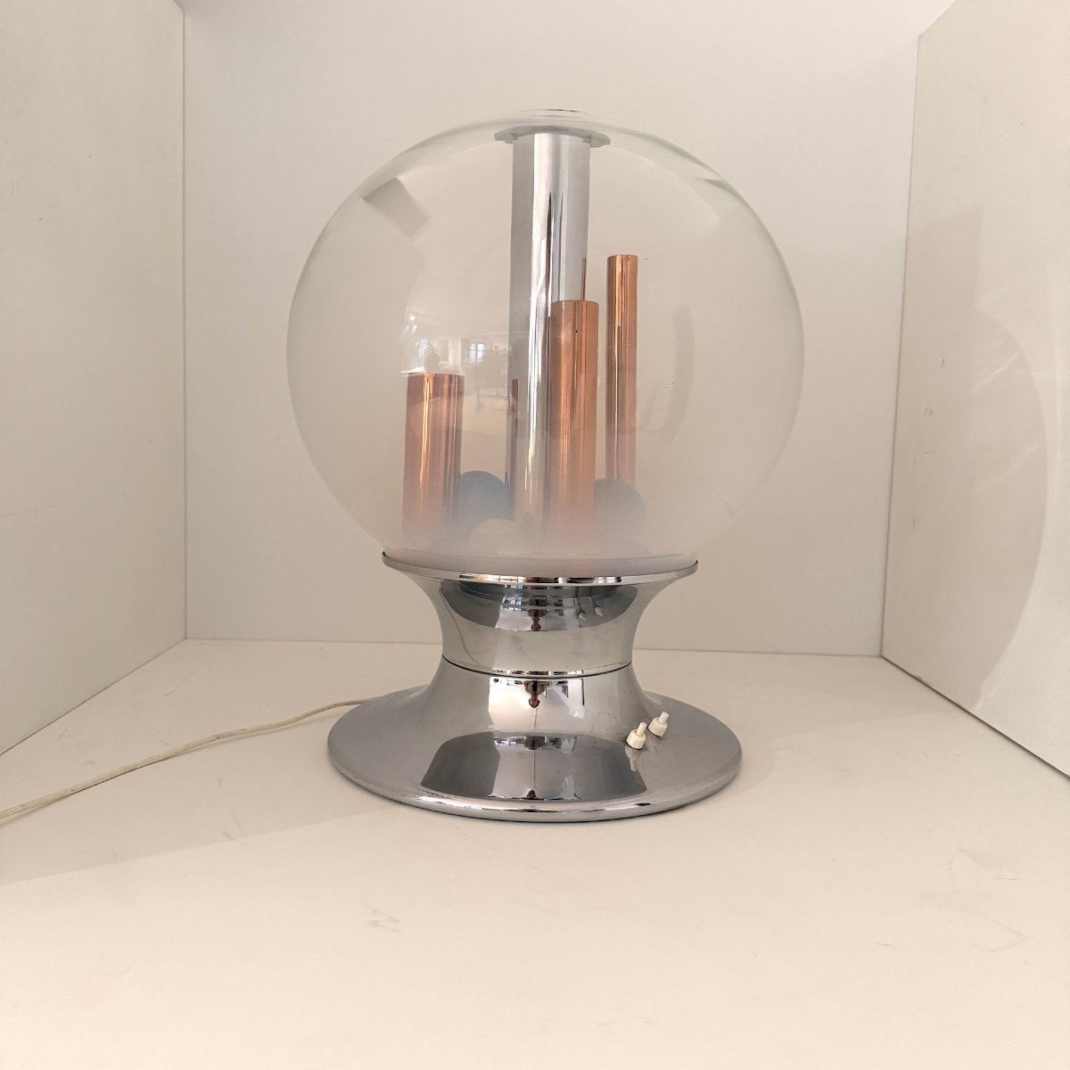 Lampe de table Space Age, Selenova, verre, chrome, cuivre, Italie, années 1970-photo-6