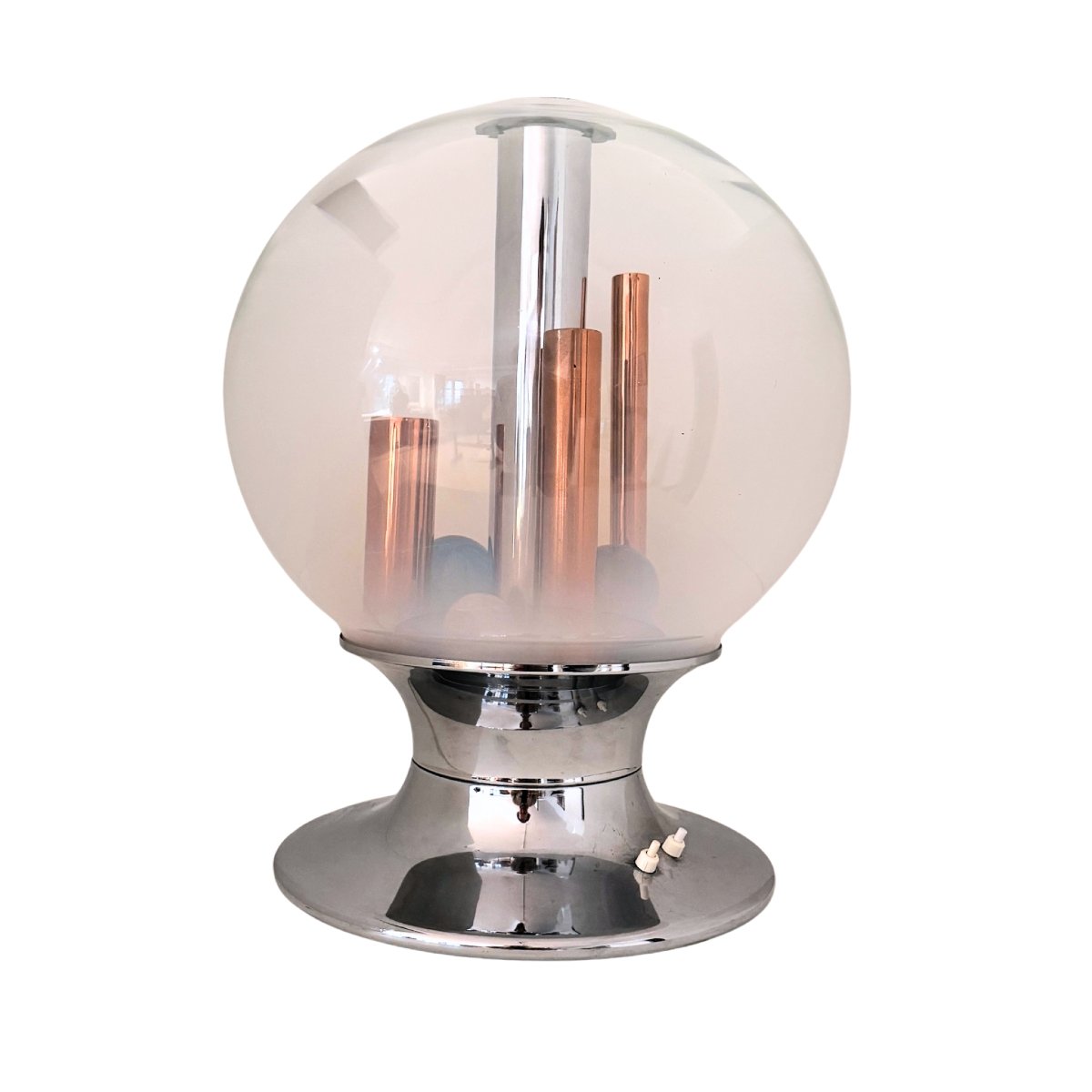Lampe de table Space Age, Selenova, verre, chrome, cuivre, Italie, années 1970
