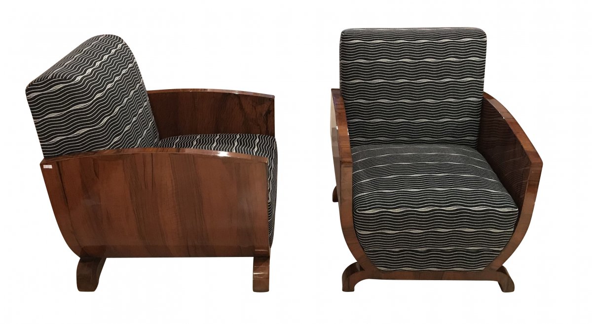 Pair Of Art Deco Club Chairs, Walnut Veneer, France, 1930s