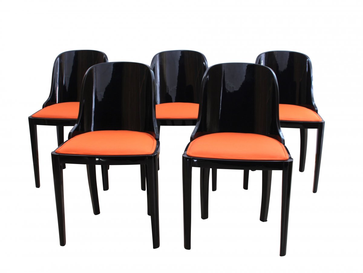 Five Art Deco Chairs, Blackened Wood, Orange Fabric, France, Circa 1930-photo-4