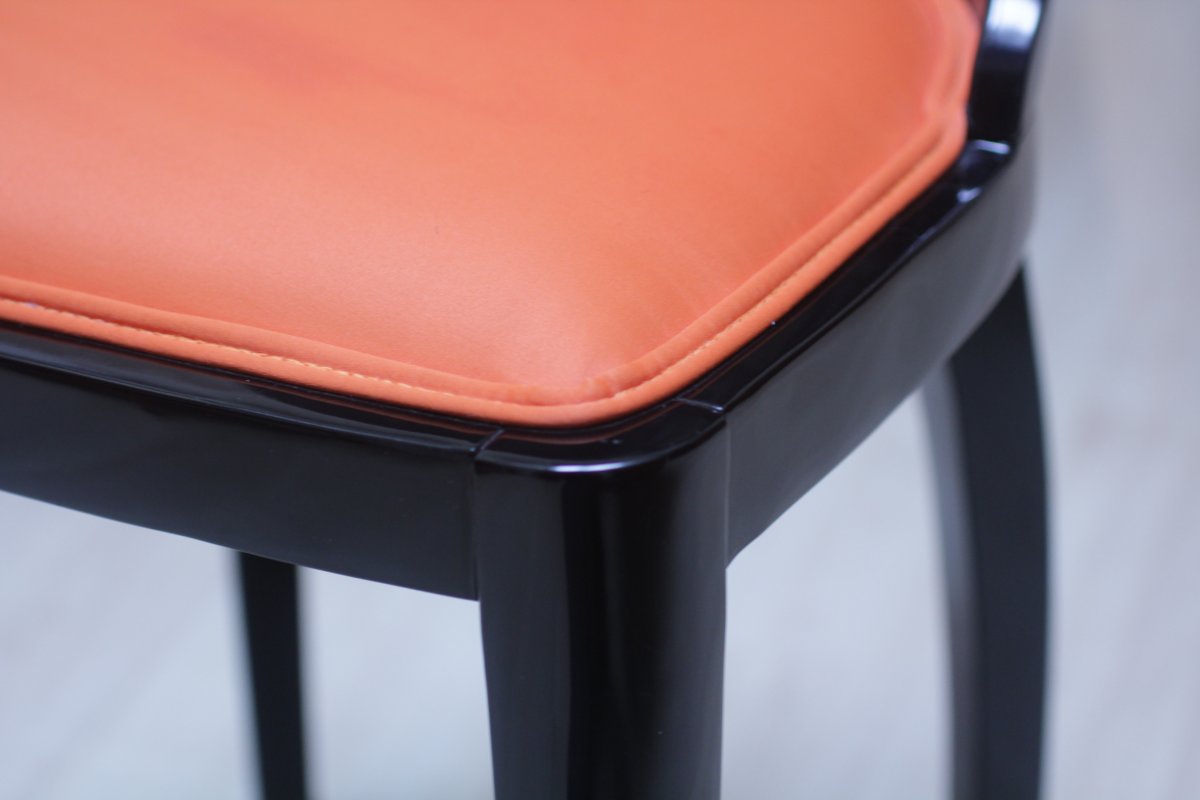 Set Of 4 Art Deco Chairs, Blackened Wood, Orange Fabric, France, Circa 1930-photo-5