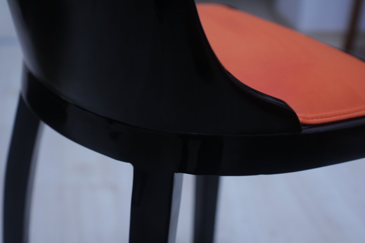 Set Of 4 Art Deco Chairs, Blackened Wood, Orange Fabric, France, Circa 1930-photo-6