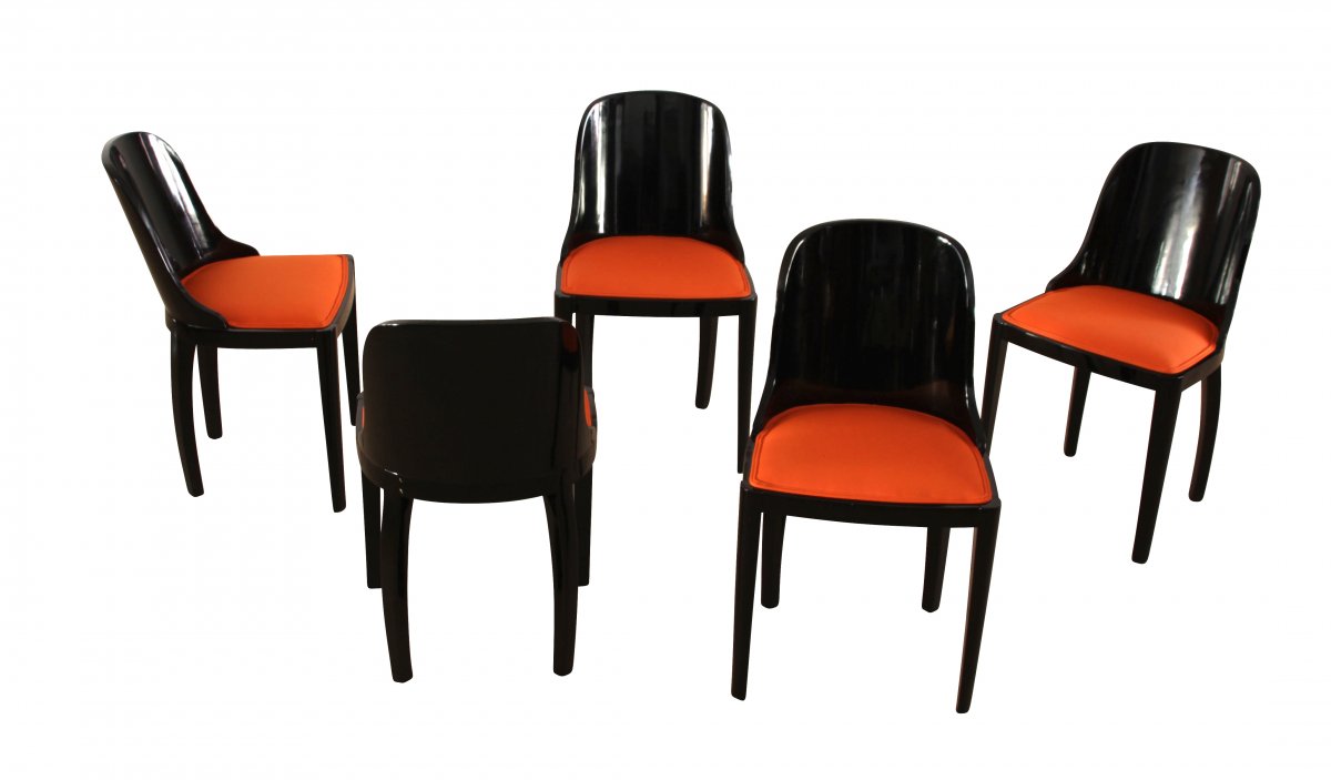 Five Art Deco Chairs, Blackened Wood, Orange Fabric, France, Circa 1930