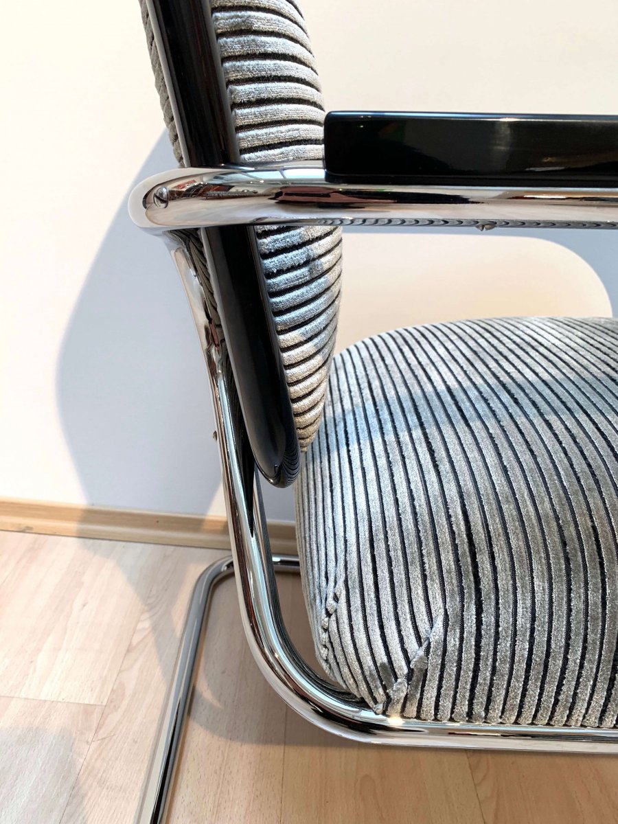 Fauteuils Bauhaus Cantilever Steeltube, Nickel, Noir, Velours, Allemagne, Vers 1930-photo-7