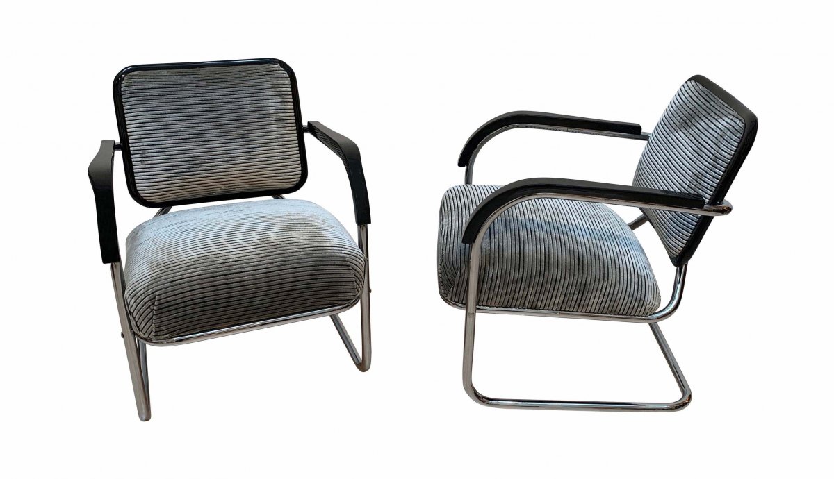 Fauteuils Bauhaus Cantilever Steeltube, Nickel, Noir, Velours, Allemagne, Vers 1930