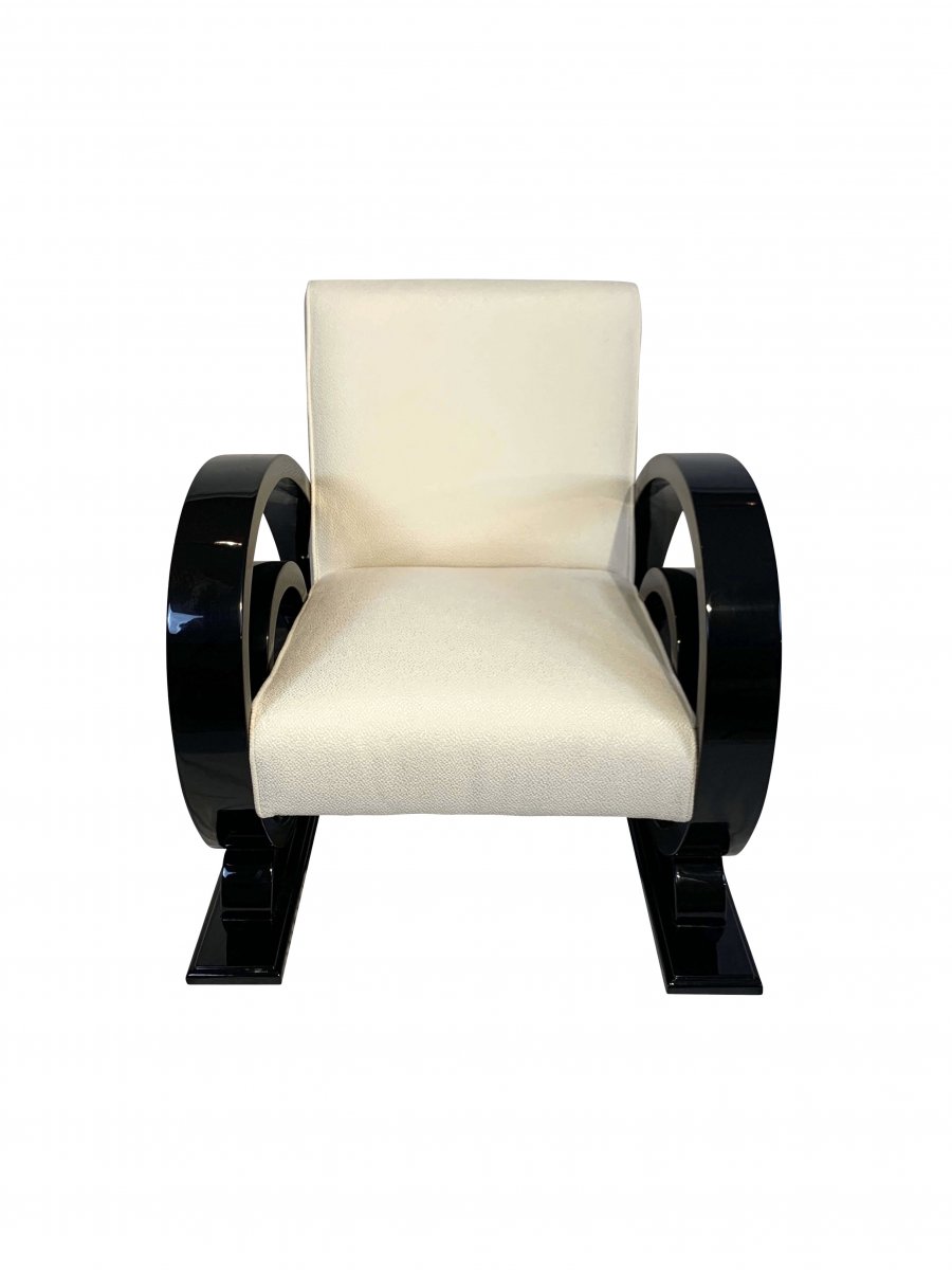 Art Deco Club Chairs (2), Black Piano Lacquer, Creme-white Farbic, France, Circa 1930-photo-2