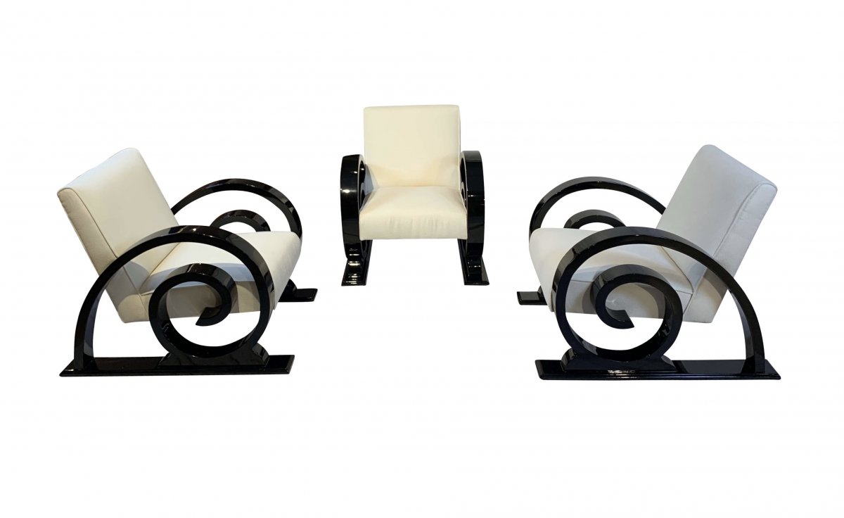 Art Deco Club Chairs (2), Black Piano Lacquer, Creme-white Farbic, France, Circa 1930-photo-1