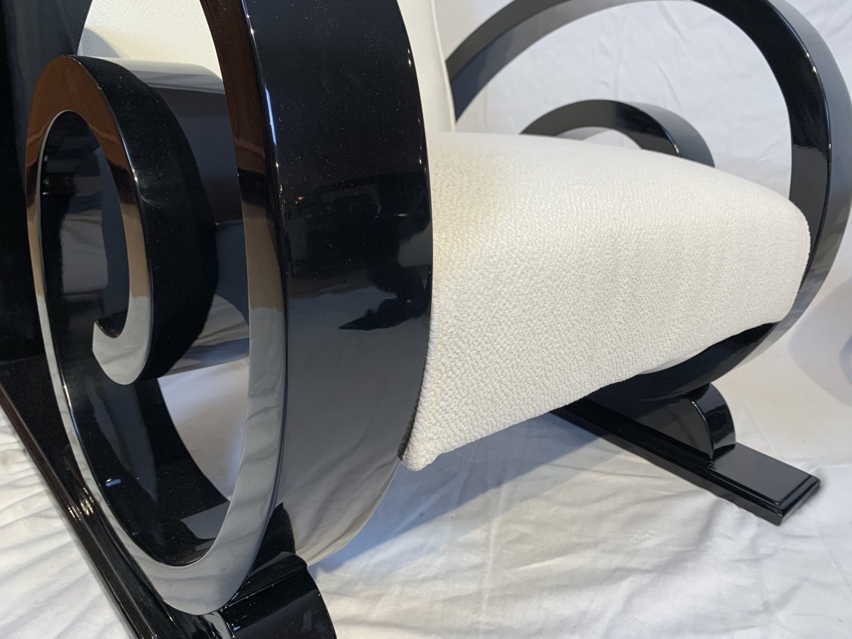 Art Deco Club Chairs (2), Black Piano Lacquer, Creme-white Farbic, France, Circa 1930-photo-8
