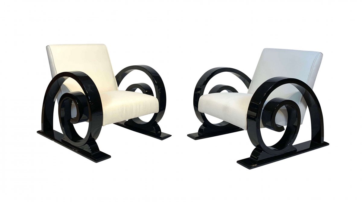 Art Deco Club Chairs (2), Black Piano Lacquer, Creme-white Farbic, France, Circa 1930