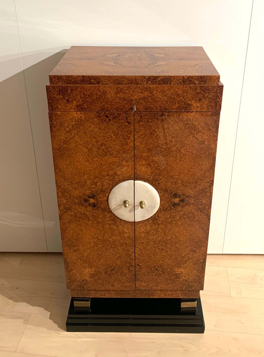 Cabinet Art Déco, Loupe D’amboine, Cuir Et Laiton, France Vers 1930-photo-2