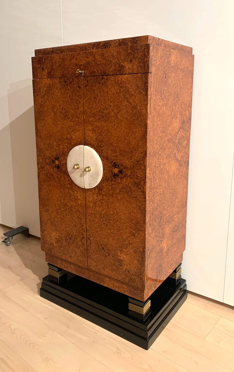 Cabinet Art Déco, Loupe D’amboine, Cuir Et Laiton, France Vers 1930-photo-3