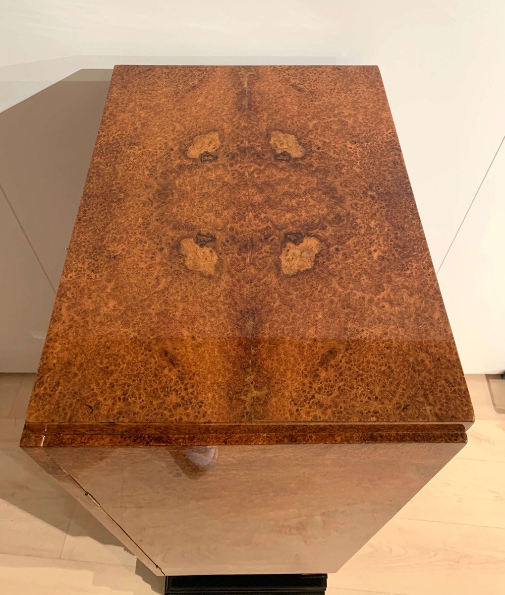 Cabinet Art Déco, Loupe D’amboine, Cuir Et Laiton, France Vers 1930-photo-2