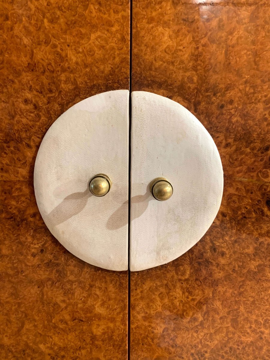 Cabinet Art Déco, Loupe D’amboine, Cuir Et Laiton, France Vers 1930-photo-4
