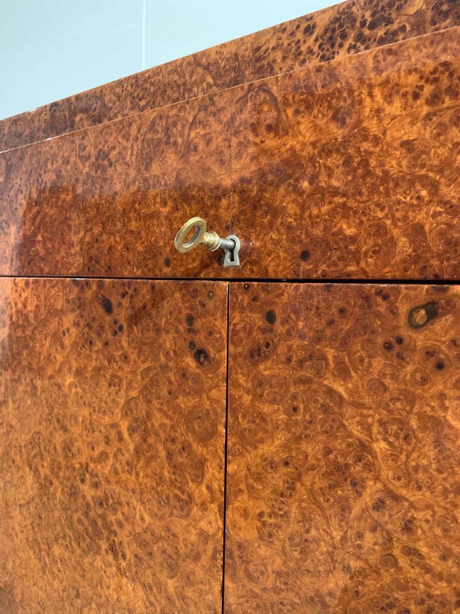 Cabinet Art Déco, Loupe D’amboine, Cuir Et Laiton, France Vers 1930-photo-6