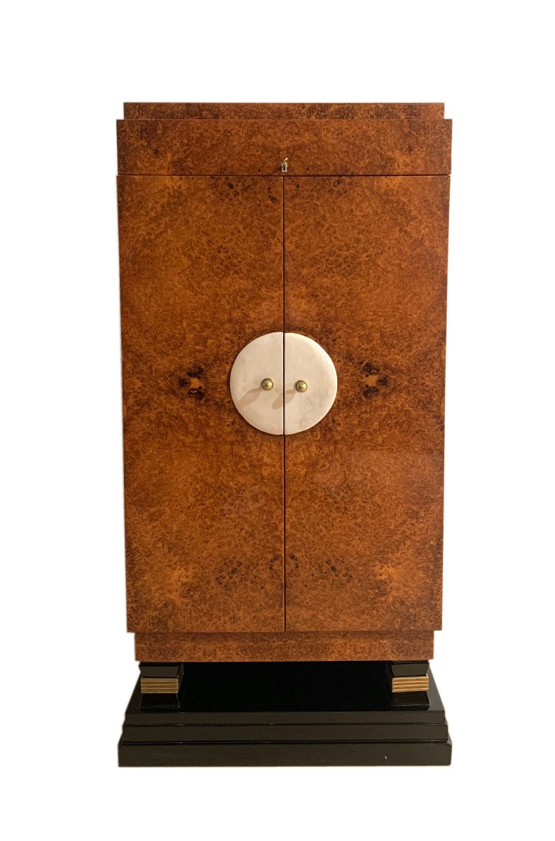Cabinet Art Déco, Loupe D’amboine, Cuir Et Laiton, France Vers 1930