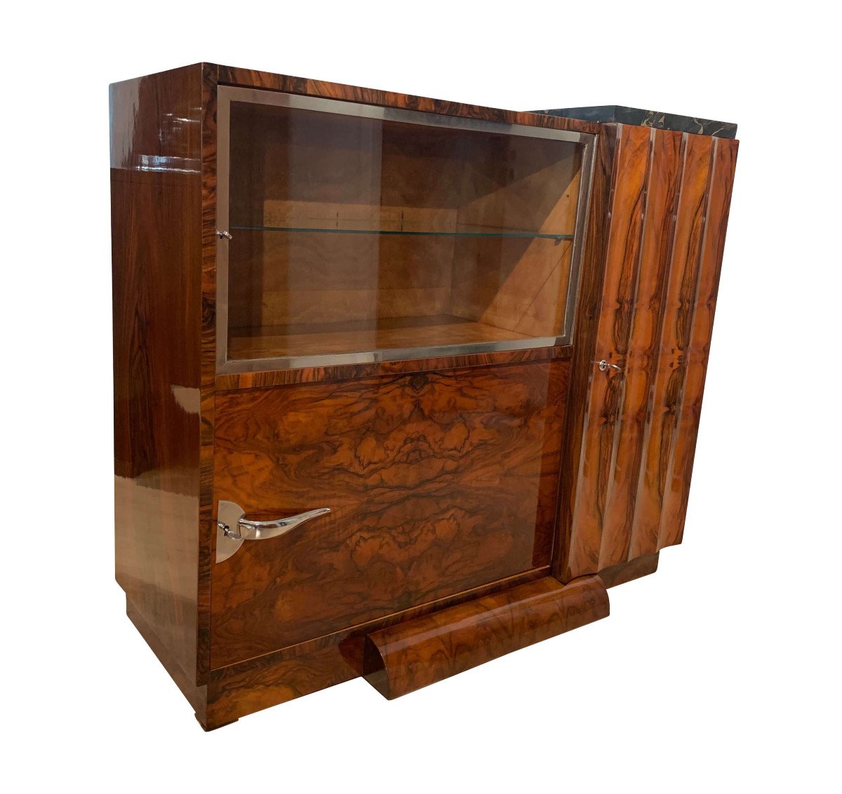 Art Deco Bar Sideboard, Walnut Veneer, Nickel, Glass Door, France Circa 1930-photo-2