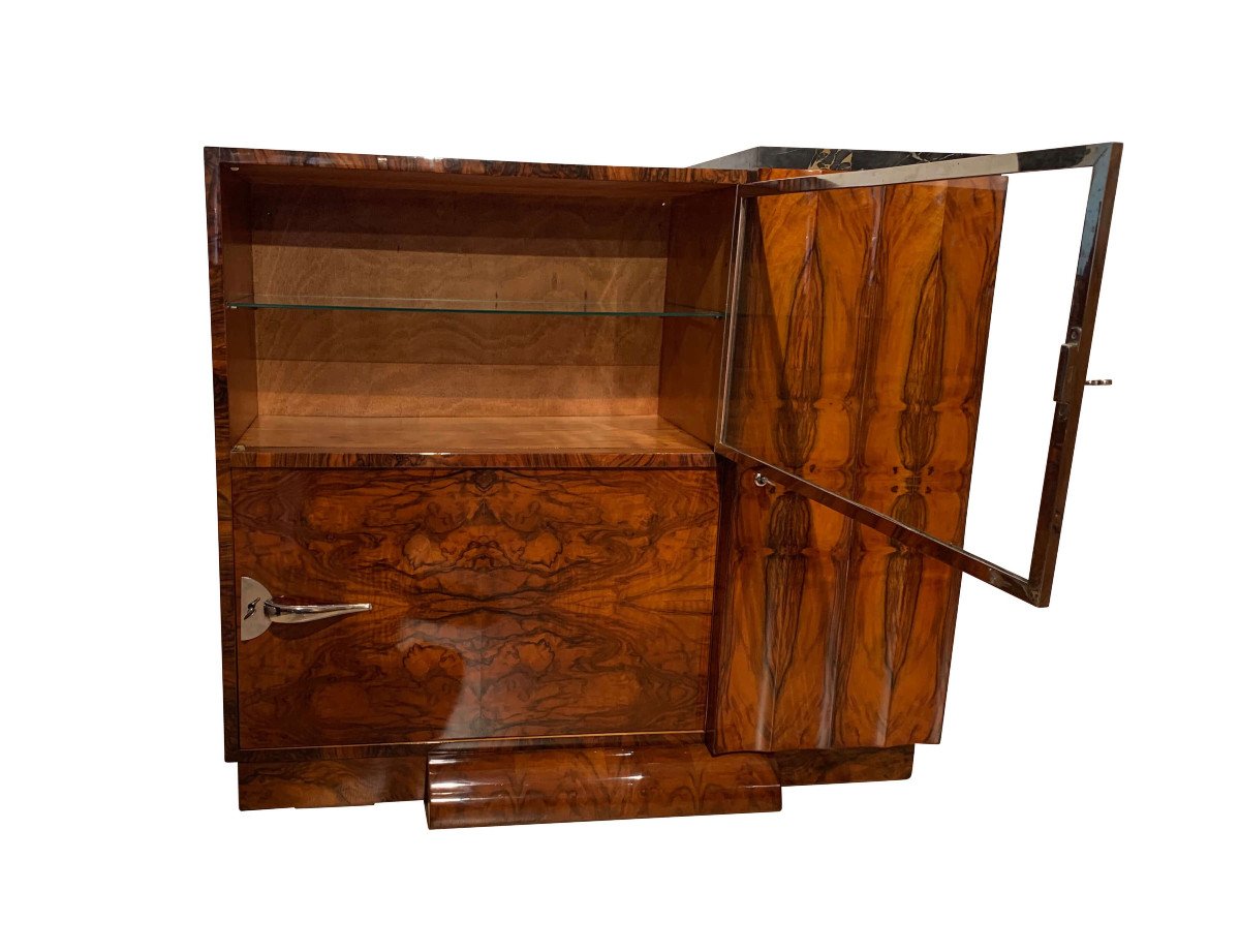 Art Deco Bar Sideboard, Walnut Veneer, Nickel, Glass Door, France Circa 1930-photo-3