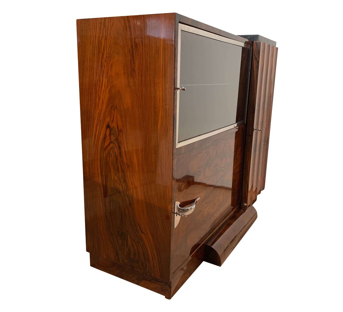 Art Deco Bar Sideboard, Walnut Veneer, Nickel, Glass Door, France Circa 1930-photo-4