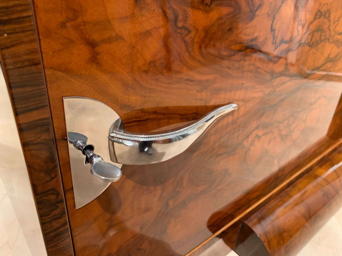 Art Deco Bar Sideboard, Walnut Veneer, Nickel, Glass Door, France Circa 1930-photo-2