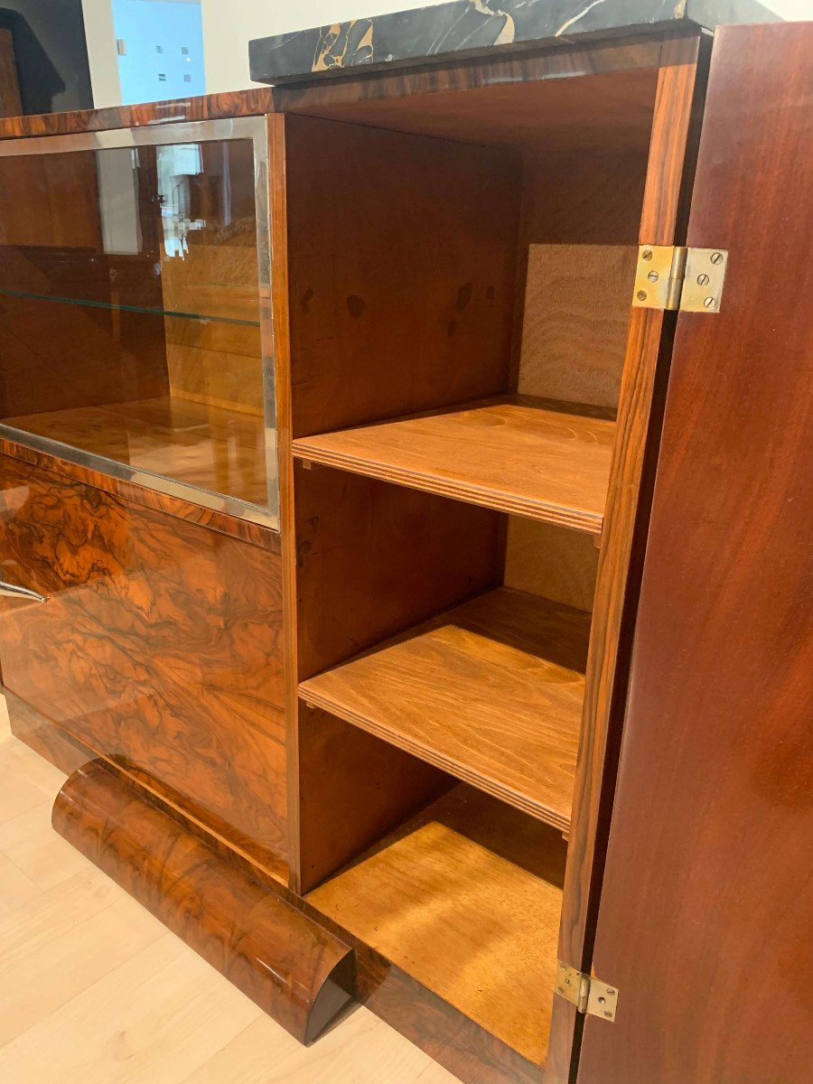Art Deco Bar Sideboard, Walnut Veneer, Nickel, Glass Door, France Circa 1930-photo-3