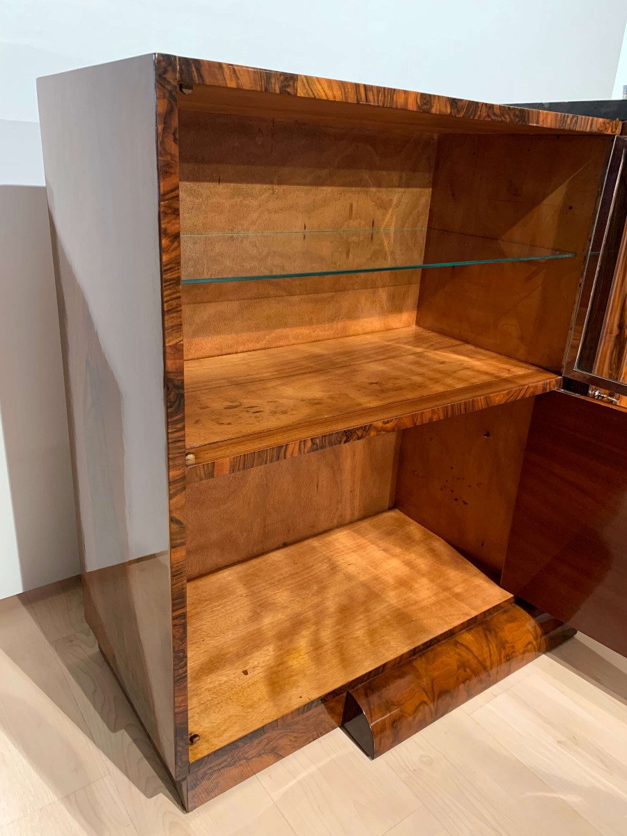 Art Deco Bar Sideboard, Walnut Veneer, Nickel, Glass Door, France Circa 1930-photo-4