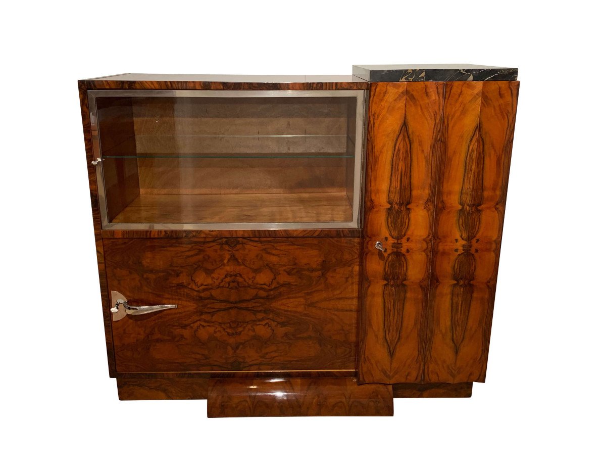 Art Deco Bar Sideboard, Walnut Veneer, Nickel, Glass Door, France Circa 1930