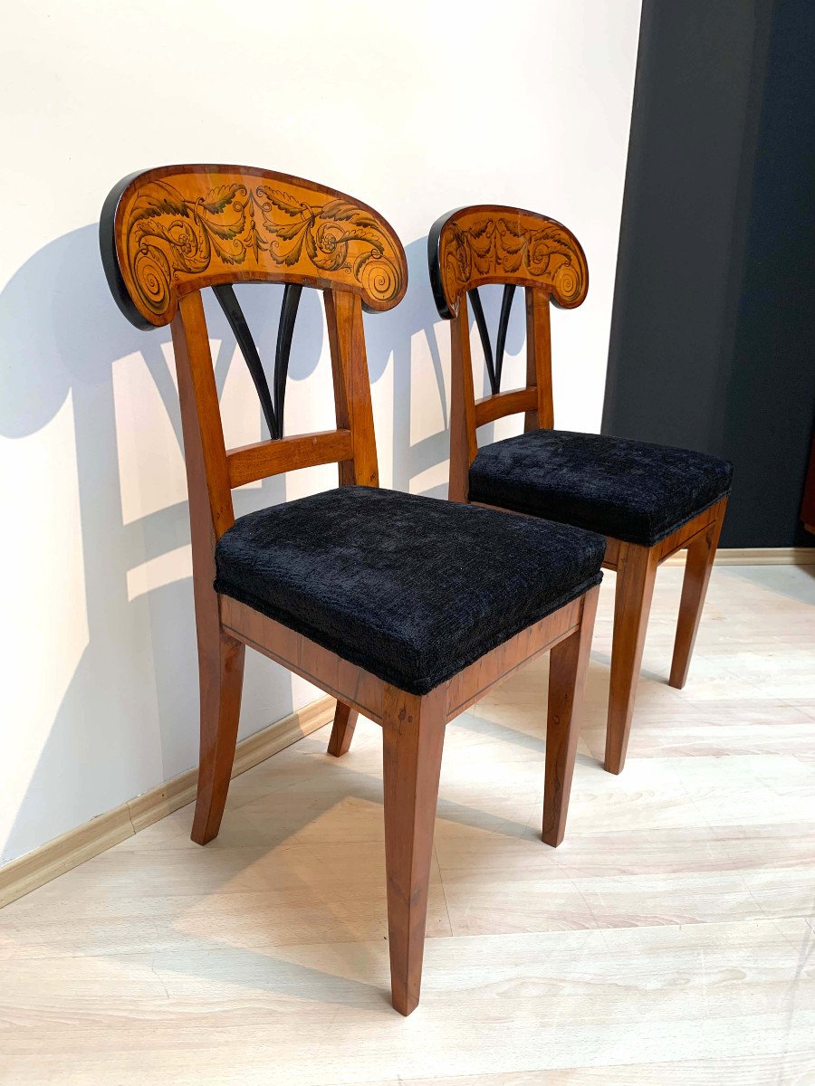 Exceptional Pair Of Biedermeier Shovel Chairs, Walnut, Maple With Ink, South Germany Circa 1830-photo-2