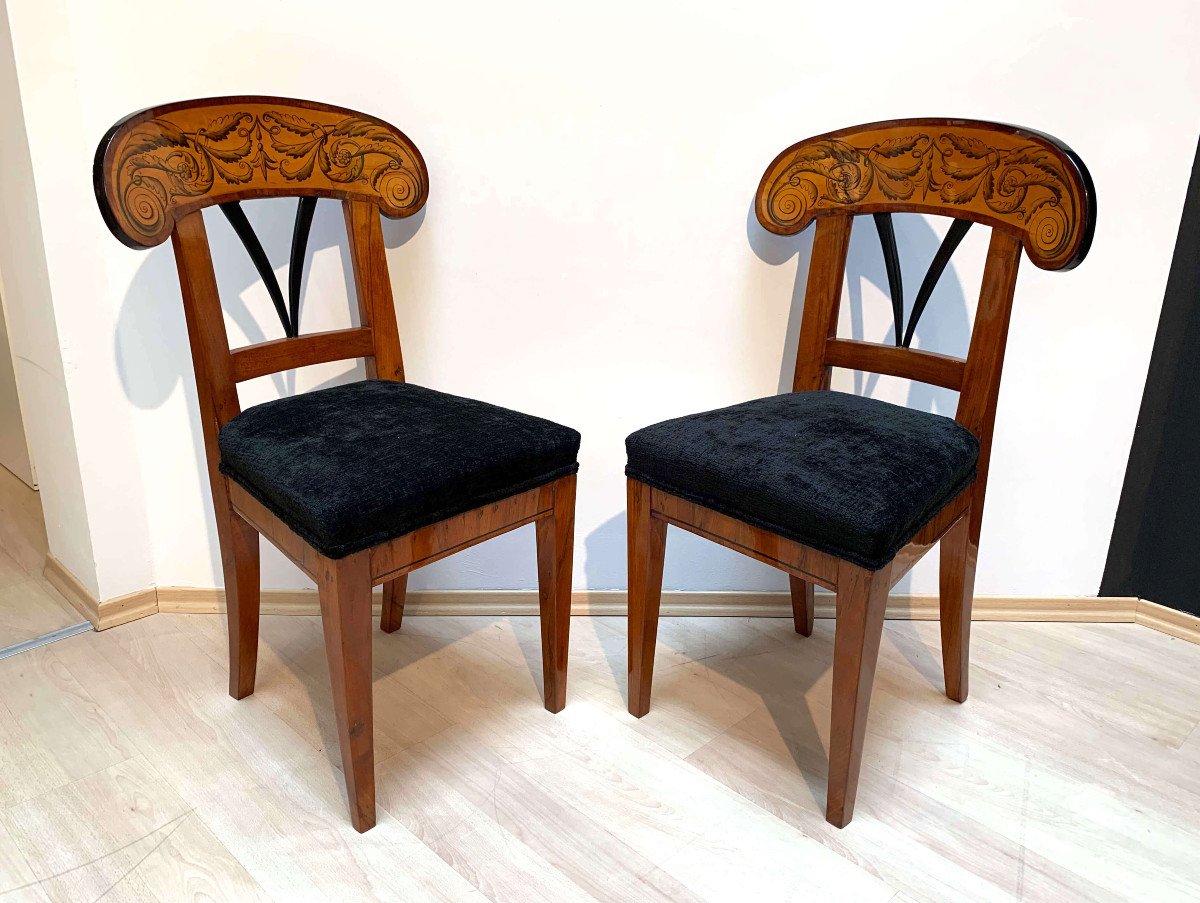 Exceptional Pair Of Biedermeier Shovel Chairs, Walnut, Maple With Ink, South Germany Circa 1830-photo-6