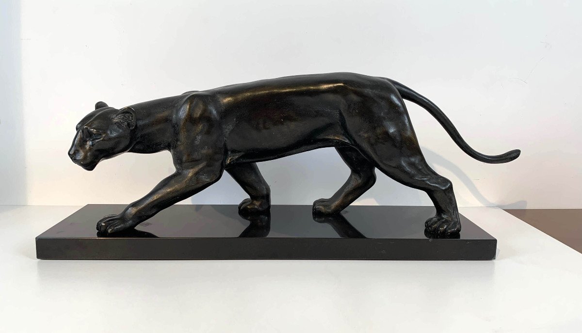 Panther Art Deco Sculpture By Jean Martel, Bronze, Marble, France Circa 1930-photo-2