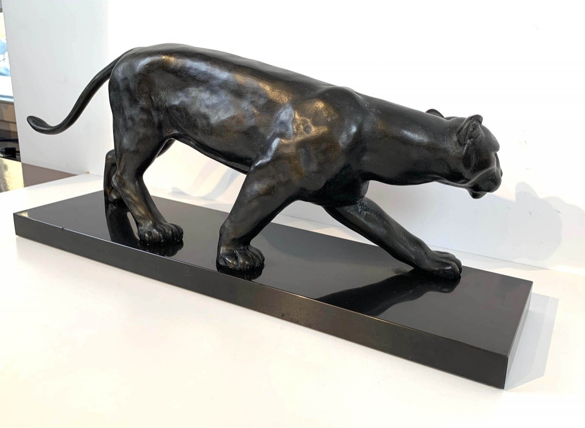 Panther Art Deco Sculpture By Jean Martel, Bronze, Marble, France Circa 1930-photo-3