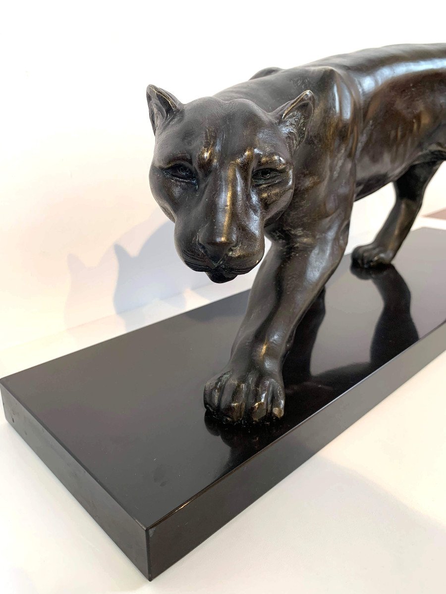Panther Art Deco Sculpture By Jean Martel, Bronze, Marble, France Circa 1930-photo-4