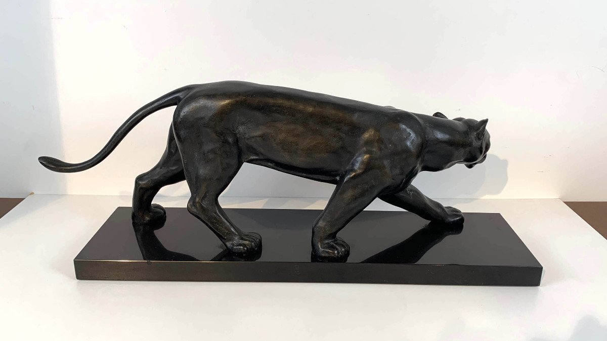 Panther Art Deco Sculpture By Jean Martel, Bronze, Marble, France Circa 1930-photo-6