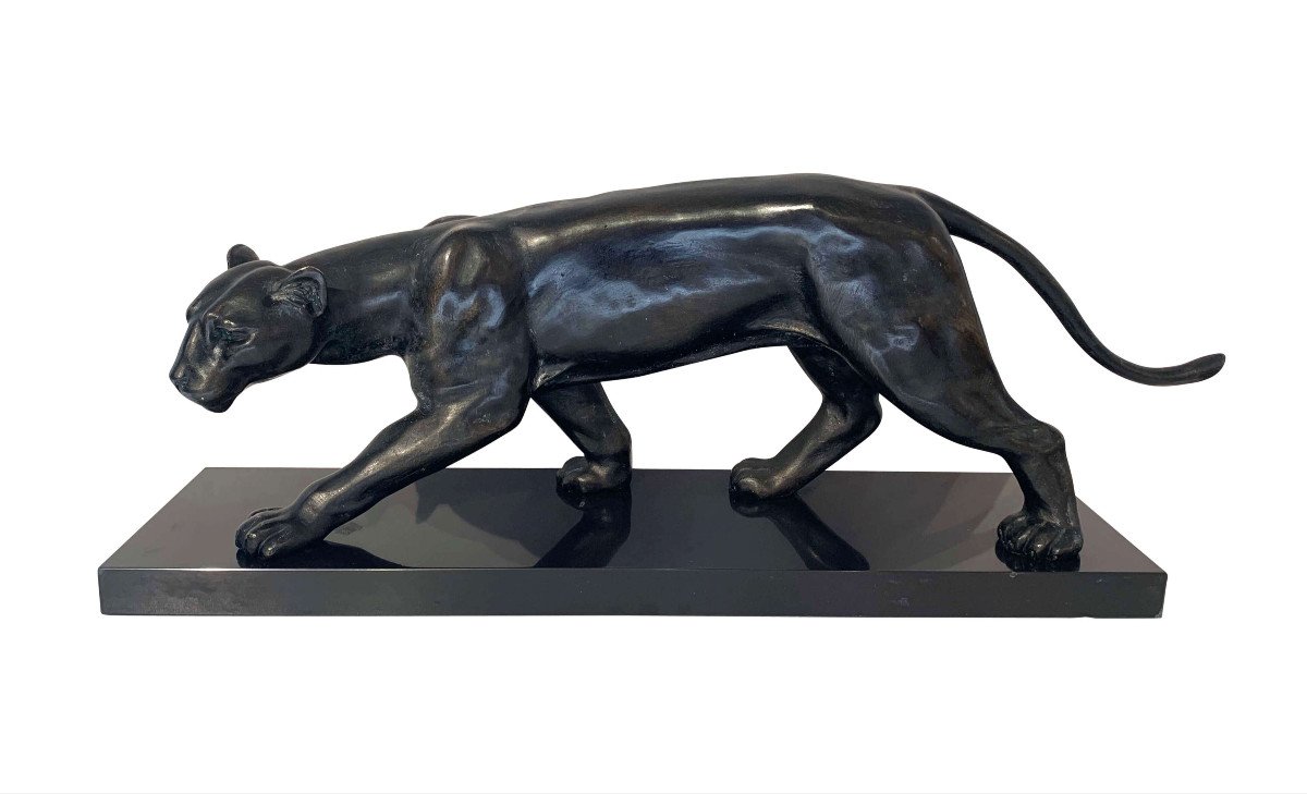 Panther Art Deco Sculpture By Jean Martel, Bronze, Marble, France Circa 1930