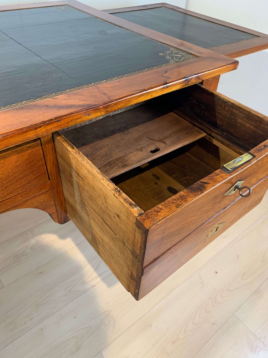 Restauration Bureau Plat, Walnut, Brass, Leather Plate, France Circa 1820-photo-4