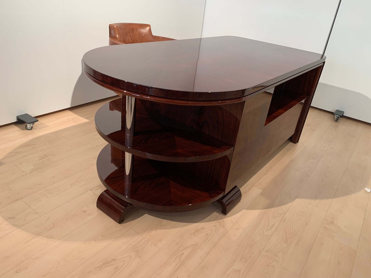 Bureau De Direction Art Déco Palissandre, Avec Fauteuil Pivotant En Cuir, France, 1930-40-photo-2