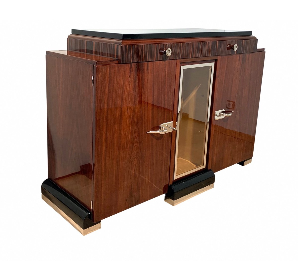 Enfilade / Buffet Art Déco, Palissandre, Macassar, Nickel, Verre, France Vers 1930-photo-2