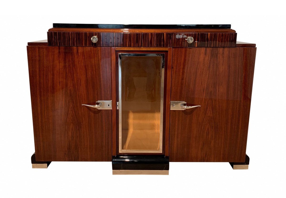 Enfilade / Buffet Art Déco, Palissandre, Macassar, Nickel, Verre, France Vers 1930