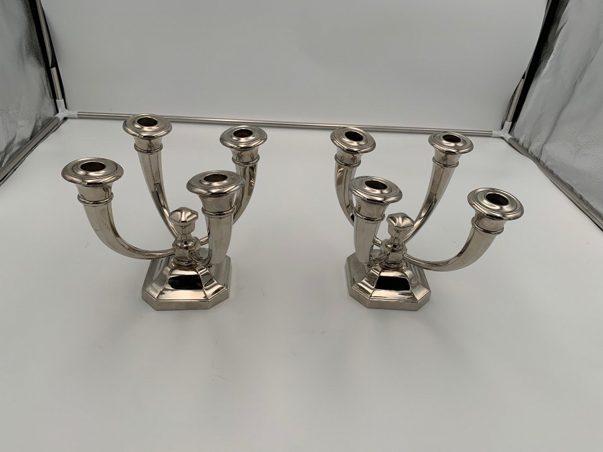 Pair Of Art Deco Candlesticks By Jules Leleu, Nickel-plated Bronze, France, Circa 1930-photo-2